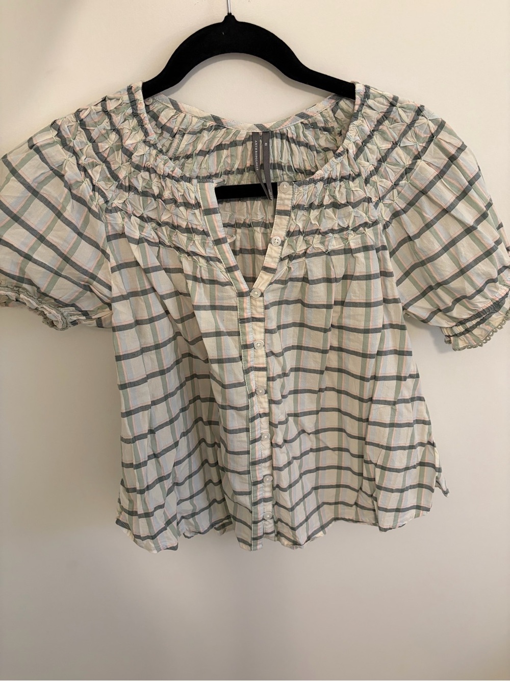 Anthropologie Light Cream Plaid Smocked Blouse Top - Women